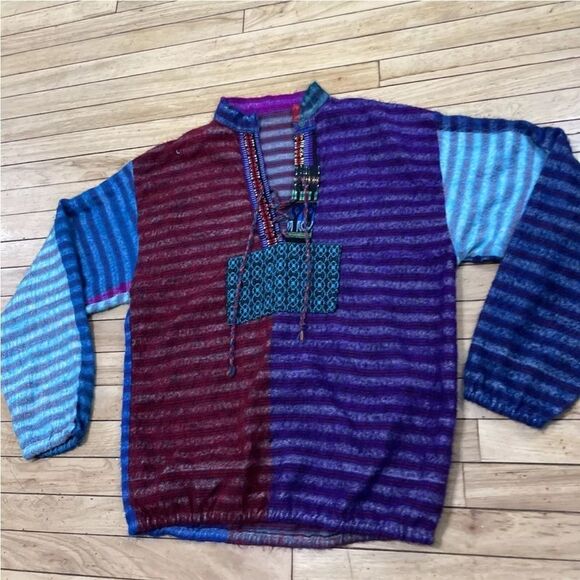 Boho Surfer Beach Sweater Adult L Tribal Beach Knit Aqua ColorBlock Pullover M/L - Picture 3 of 16